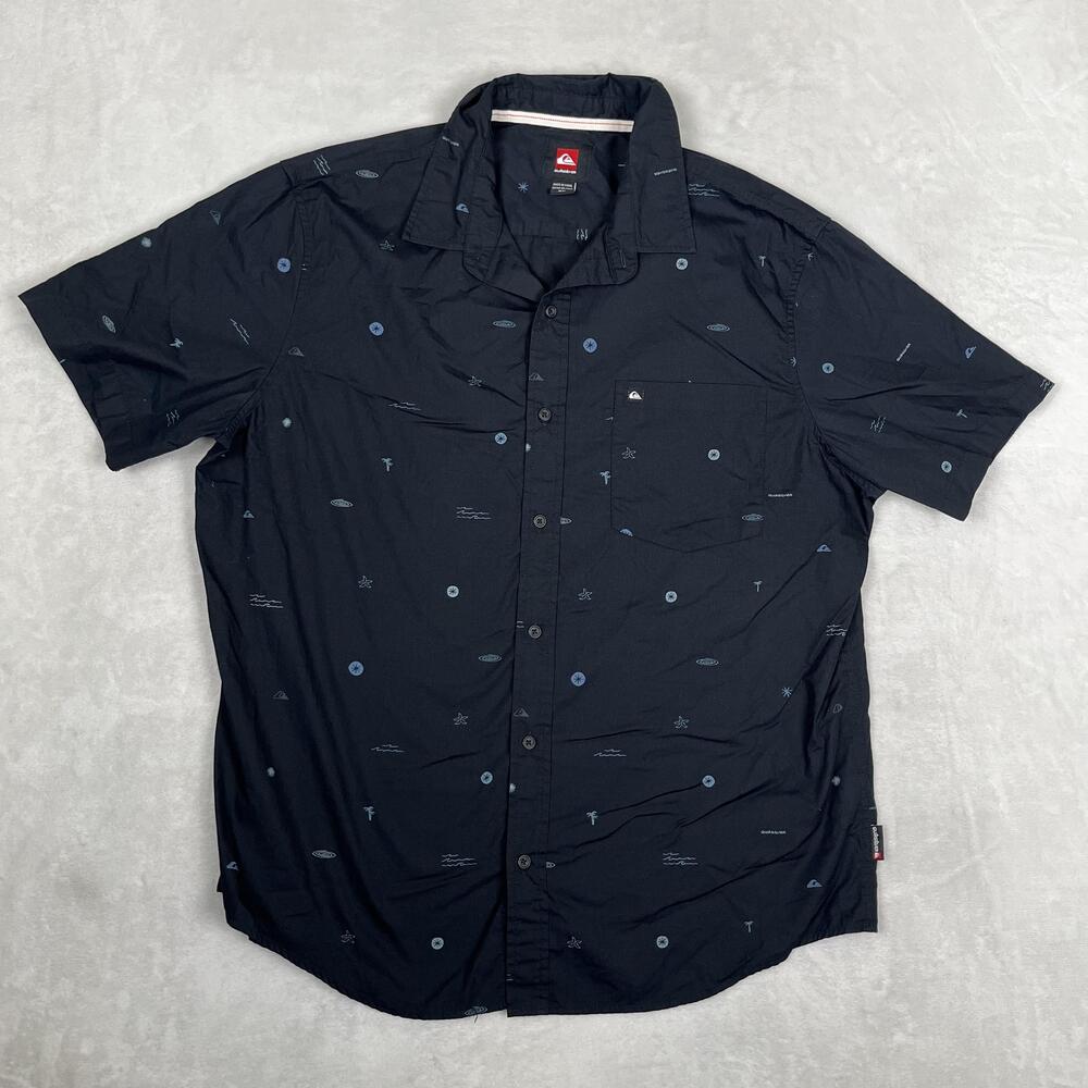 Quiksilver Shirt Mens XL Blue Graphic Print Short Sleeve Button Front Casual Y2K